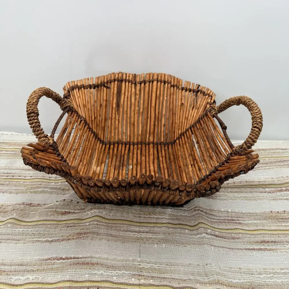 Vintage Bamboo Wood Woven Bread Fruit Basket Table Centerpiece Handles 14.5